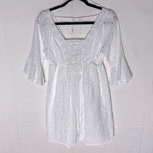 Bila-77 White Cotton Eyelet Half Sleeve W Ruffle Trim Knee Length Dress S